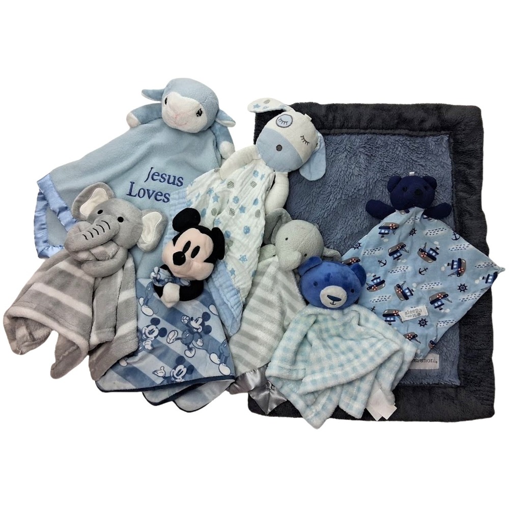8pc Baby Boy Security Blanket Lot Lovey Bear Mickey Blue Soother Elephant